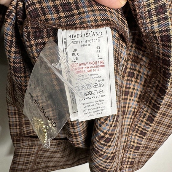 NWT River Island Check Wrap Blazer Dress Women's Heart Buttons Brown Size 12 - Picture 6 of 7